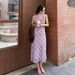 2026 Spring/Summer New High-End Pink And Purple Plaid V-Neck Twist-Shoulder Strap Dress For Women With Pleated Waist_ecoleips.com
