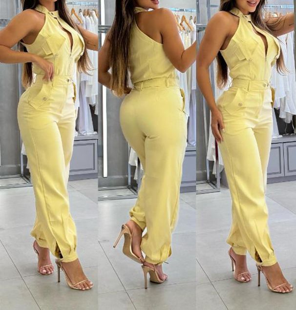 Women's Clothing Summer Sexy Halter Neck Tops Casual Overalls Two Piece Suits_ecoleips.com