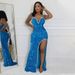 sexy suspender V-neck sequin high slit evening dress fashionable slim dress_ecoleips.com