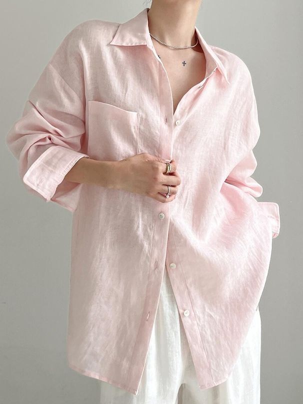 French-style Elegant And Youthful Pink Linen Sunscreen Long-sleeve Shirt For Women, Summer Thin Cotton-linen Lightweight_ecoleips.com