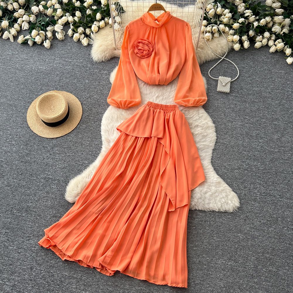 Women's Elegant Two Piece Set with Red Lantern Sleeve Three Dimensional Floral Design Fitted Waist Pleated Skirt for Spring_ecoleips.com