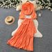 Women's Elegant Two Piece Set with Red Lantern Sleeve Three Dimensional Floral Design Fitted Waist Pleated Skirt for Spring_ecoleips.com