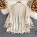 Women's Bohemian Artistic Retro Chiffon Cardigan Collarless Loose Lace Shirt Spring 2023 Free Shipping_ecoleips.com