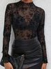 Women's Clothing Navy Blue Flocked Rose Mesh Long Sleeved Top Slim Fit Inner Layer Style For Women For Formal & Casual For Women_ecoleips.com