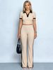 Summer New Women's Polo Collar Color Block Two Piece Set Ribbed Knit Short Top High Waisted Wide Leg Pants_ecoleips.com