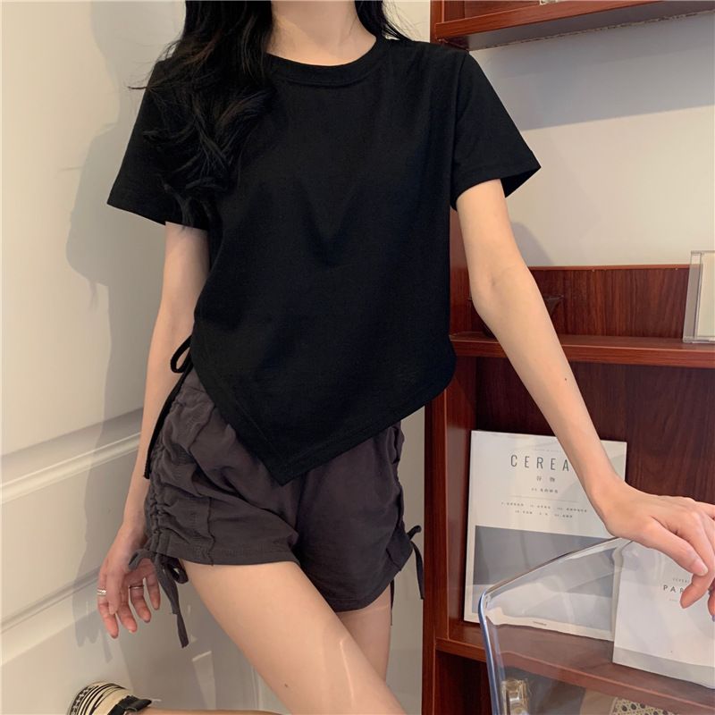 Irregular Drawstring Short Short-sleeved T-shirt Women's 2025 New Summer Korean Version Versatile Spice Girl Top_ecoleips.com