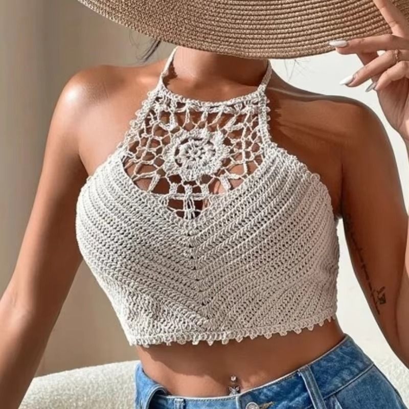 New Crochet Bustier Beach Top Hollow Out Vest Sexy Adjustable Pads Tropical Summer Swimwear Cover Up Party Crop Top Y2k_ecoleips.com