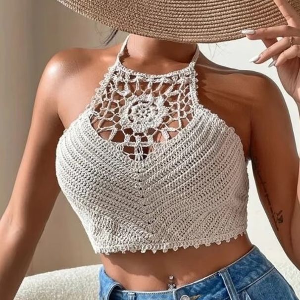 New Crochet Bustier Beach Top Hollow Out Vest Sexy Adjustable Pads Tropical Summer Swimwear Cover Up Party Crop Top Y2k_ecoleips.com