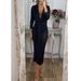 Women's Clothing Autumn And Winter Sexy V Neck Dress Solid Color Hot Stamping Tight Hip Skirt_ecoleips.com