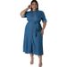 Women's Clothing Denim Lapel Long Sleeved Tie Down Mid Length Dress_ecoleips.com