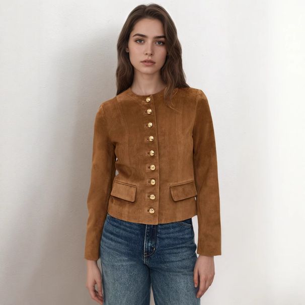 Women's Clothing Short Suede Jacket Single Breasted With Metal Buttons Versatile Autumn Fashion Outerwear_ecoleips.com