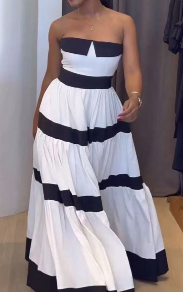 Women's Clothing Fashion Contrast Color Stitching Striped Bow Dress_ecoleips.com