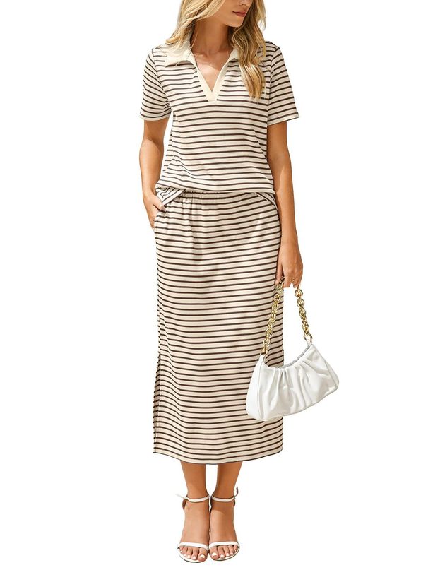 Women's Clothing Summer New Arrival Women's 2-Piece Set Casual Lapel T-Shirt And Slit Skirt_ecoleips.com