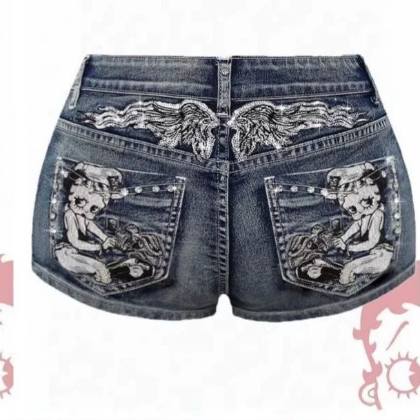 Betty Women's Cartoon Embroidered Rhinestone Denim Shorts Light Blue Sexy Jeans Factory Direct Wholesale Bottoms_ecoleips.com