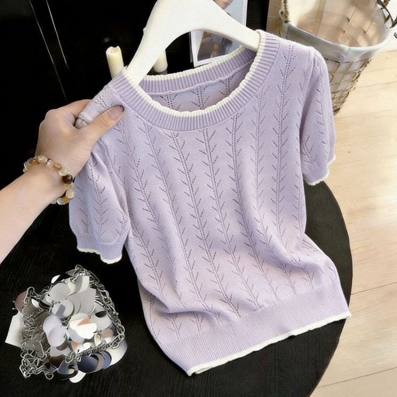Women's Slimming Round Neck Hollowed Out Ice Silk Knit Short Sleeve T-Shirt Loose Fitting Summer Thin Top_ecoleips.com