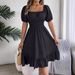 Real Shot Of 2026 Spring/Summer European And American Casual Square-neck Short-sleeve Waist-cinching Ruffle A-line_ecoleips.com