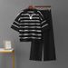 Women's Striped Polo Collar Knitted Suit Two Piece Set European American Style Casual Loose Wide Leg Pants Summer Outfit_ecoleips.com