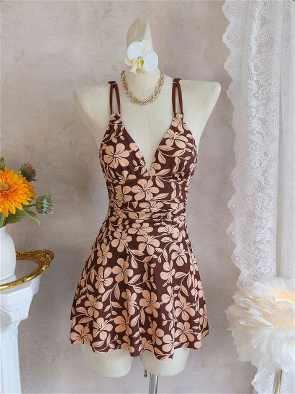 Vintage Coffee Floral Print Two Piece Swimsuit 2026 Women V Neck Slim Dress High Waist Short Swimsuit Beach Bathing Suit Bikini_ecoleips.com