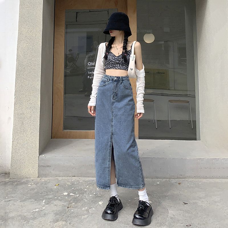 Women's Clothing Light Blue A Line Front Slit Crotch Covering Denim Skirt Spring And Summer New High Waist Slim_ecoleips.com