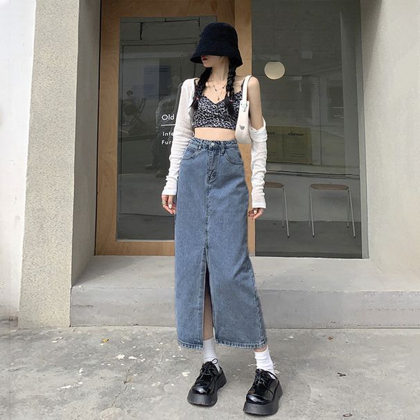Women's Clothing Light Blue A Line Front Slit Crotch Covering Denim Skirt Spring And Summer New High Waist Slim_ecoleips.com