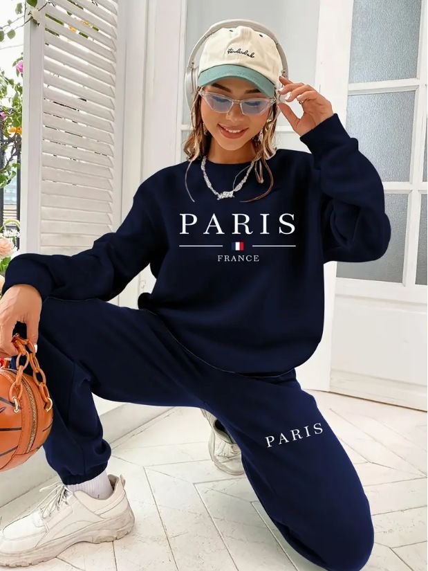 Women's Printed Two Piece Tracksuit, Long Sleeve Pullover Top And Drawstring Waist Pants, Casual Sportswear For Spring And Fall_ecoleips.com