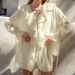 European And American Design Sense Ruffled Fashion Casual Set 2025 Spring Summer New Lace-Up Cardigan Top Shorts Women's_ecoleips.com