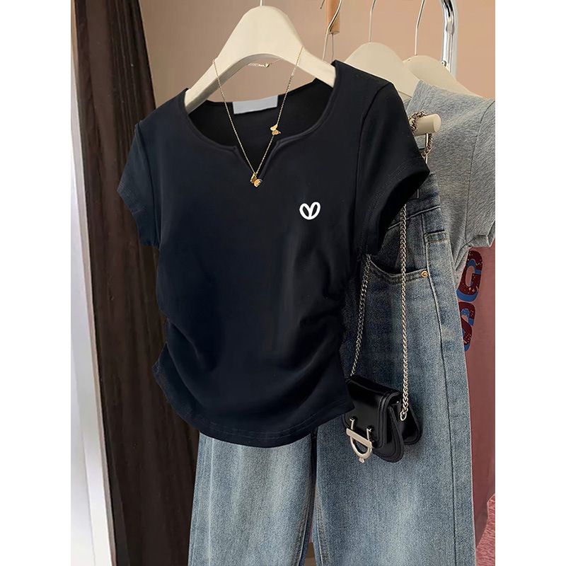 Women's V-Neck Cotton T-Shirt – Slim Fit With Side Heart Detail (S-XL, 4 Colors)_ecoleips.com
