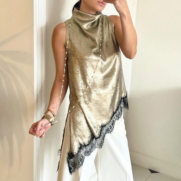 "Women's Elegant Lace Trim Sleeveless Vest, Breathable Polyester Camisole, Versatile Layering Top For Summer, Black/Golden, S/M/L/XL"_ecoleips.com