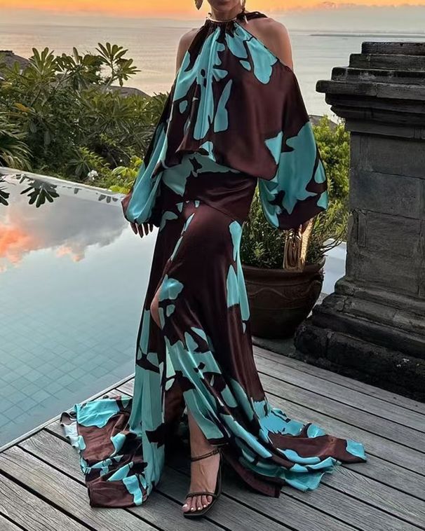 Women's Off-Shoulder Raglan Sleeve Dress Large Swing Slit Print Celebrity Style Temperament Holiday_ecoleips.com