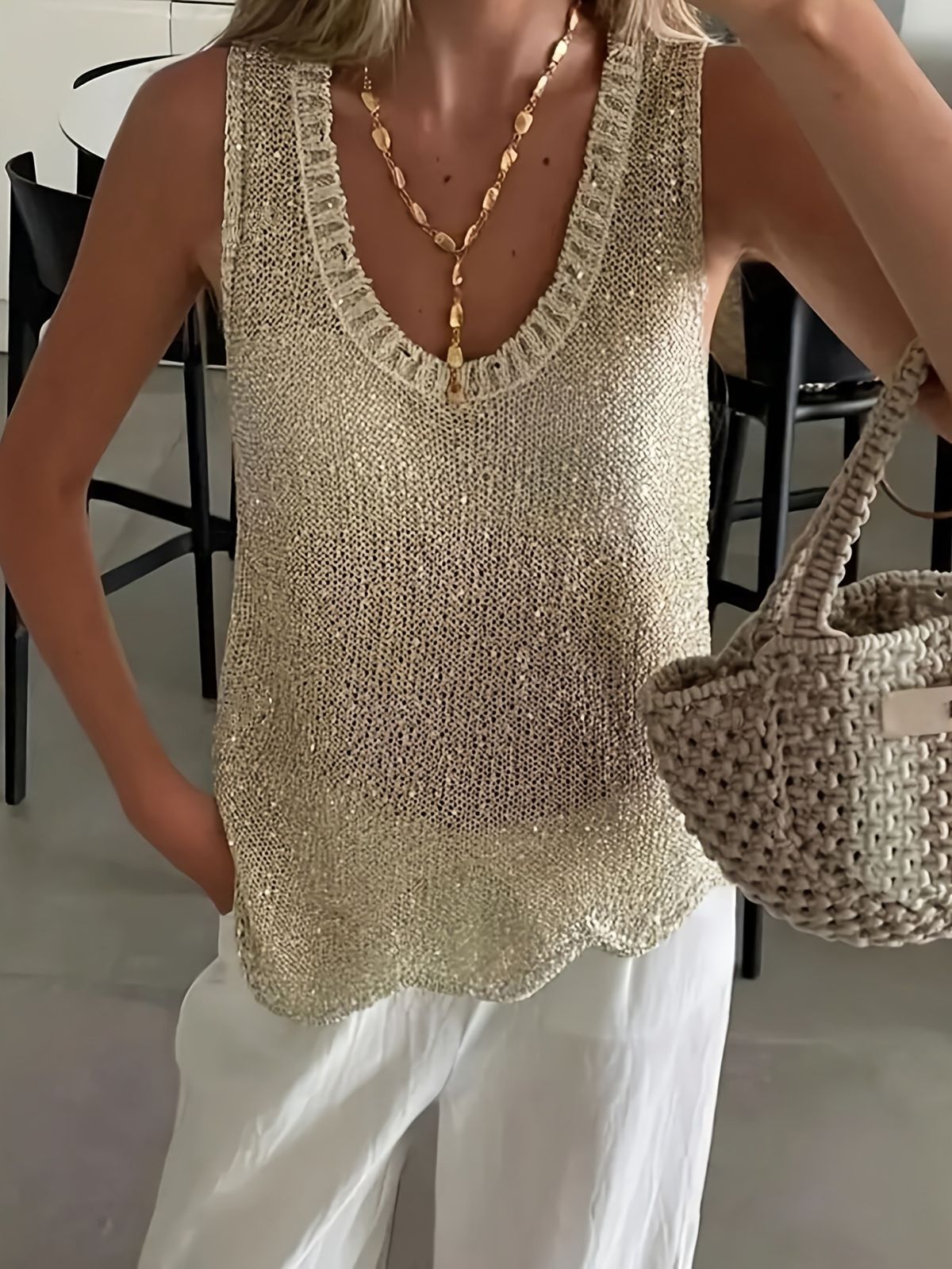 Women's Sparkly Knit Tank Top, Sleeveless U-Neck Scalloped Hem Loose Sweater Vest, Sheer Mesh Lightweight Casual Camisole For Daily Summer Streetwear,_ecoleips.com
