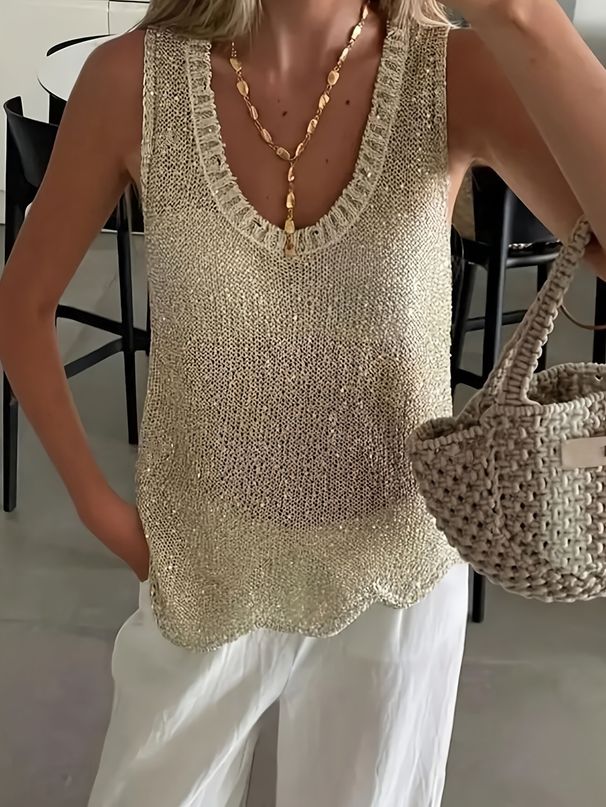 Women's Sparkly Knit Tank Top, Sleeveless U-Neck Scalloped Hem Loose Sweater Vest, Sheer Mesh Lightweight Casual Camisole For Daily Summer Streetwear,_ecoleips.com