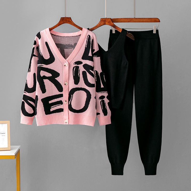 Women's Jacquard Knitted Three Piece Set Casual Loose Fit Cardigan And Pants Combo Lettered Design_ecoleips.com