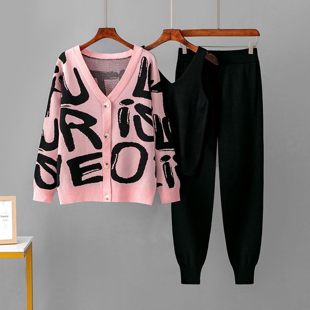 Women's Jacquard Knitted Three Piece Set Casual Loose Fit Cardigan And Pants Combo Lettered Design_ecoleips.com