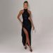 Elegant Chiffon Halter Neck Dress – High Slit & Backless Design For Evening & Party_ecoleips.com