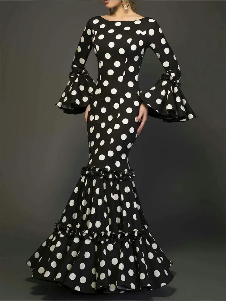 Polk Dot Printed Elegant Mermaid Dress Flare Sleeve Round Neck Party Club Ruffle Wedding Guest Cocktail Formal Dresses 2025_ecoleips.com