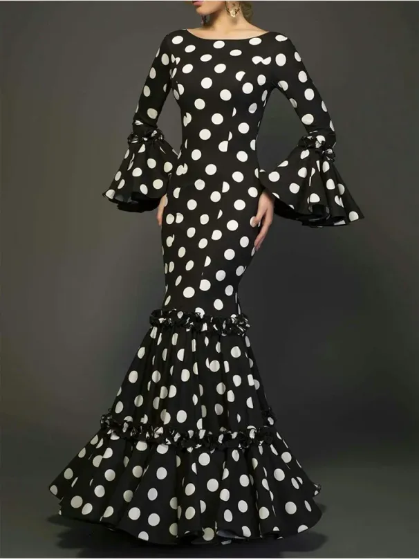 Polk Dot Printed Elegant Mermaid Dress Flare Sleeve Round Neck Party Club Ruffle Wedding Guest Cocktail Formal Dresses 2025_ecoleips.com