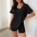 Women's Clothing Short Sleeve V Neck Casual Temperament Solid Color Fashion Suit_ecoleips.com
