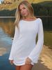 Hugcitar 2025 Pure Color Long Flare Sleeve Backless Lace Up Sexy Slim Mini Dress Summer Y2K Women Clothes Beach Vacation Party_ecoleips.com