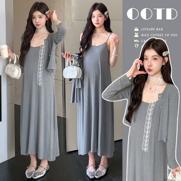 Autumn New Korean Fashion Wear Knitted 2-Piece Maternity Dress_ecoleips.com