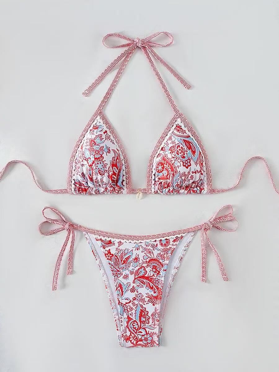 Tie-Front Bikini Set – Retro Print & Solid Color Swimwear, Adjustable Straps, Polyester & Spandex Mix_ecoleips.com