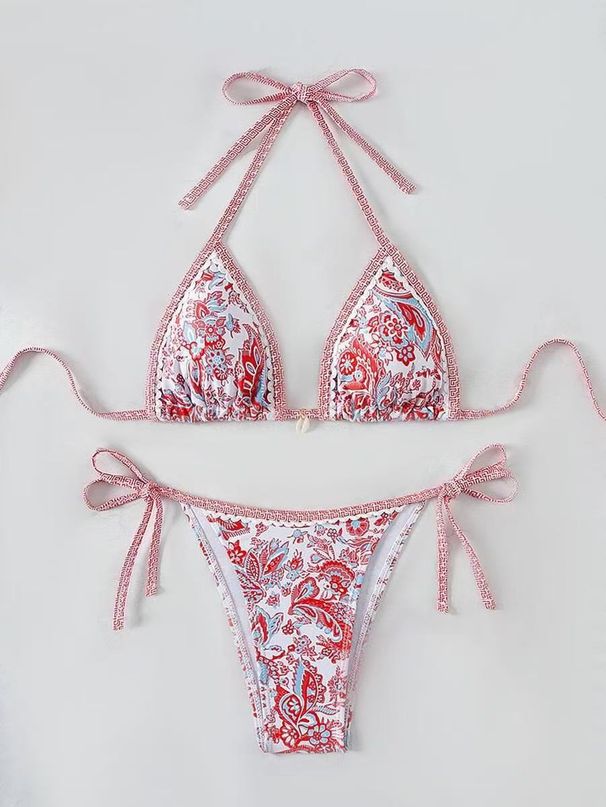 Tie-Front Bikini Set – Retro Print & Solid Color Swimwear, Adjustable Straps, Polyester & Spandex Mix_ecoleips.com