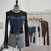 Women's Clothing Girl Design Mesh Splicing Denim Top Long Sleeved Bottoming Shirt Slim Short Niche T Shirt_ecoleips.com
