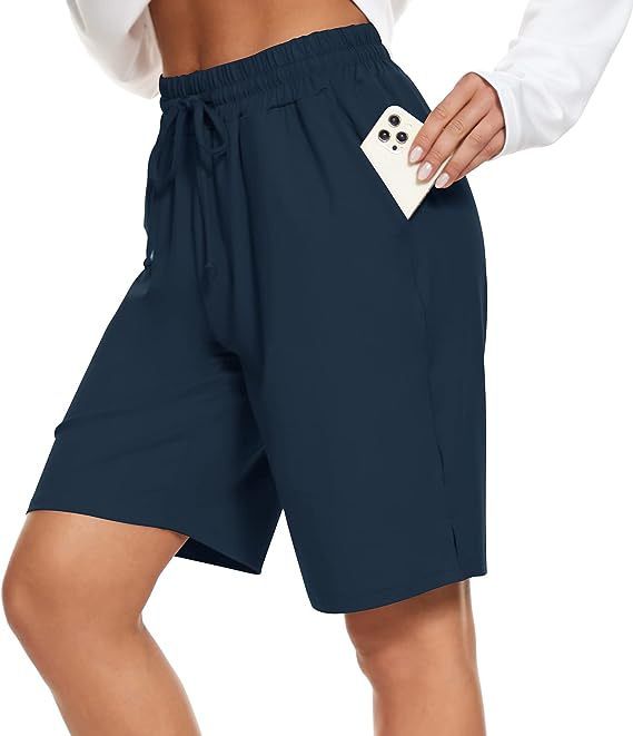 2025s FAYLR Women's Bermuda Knee-Length Elastic Waist Drawstring Workout Basketball Sports Long Shorts With_ecoleips.com
