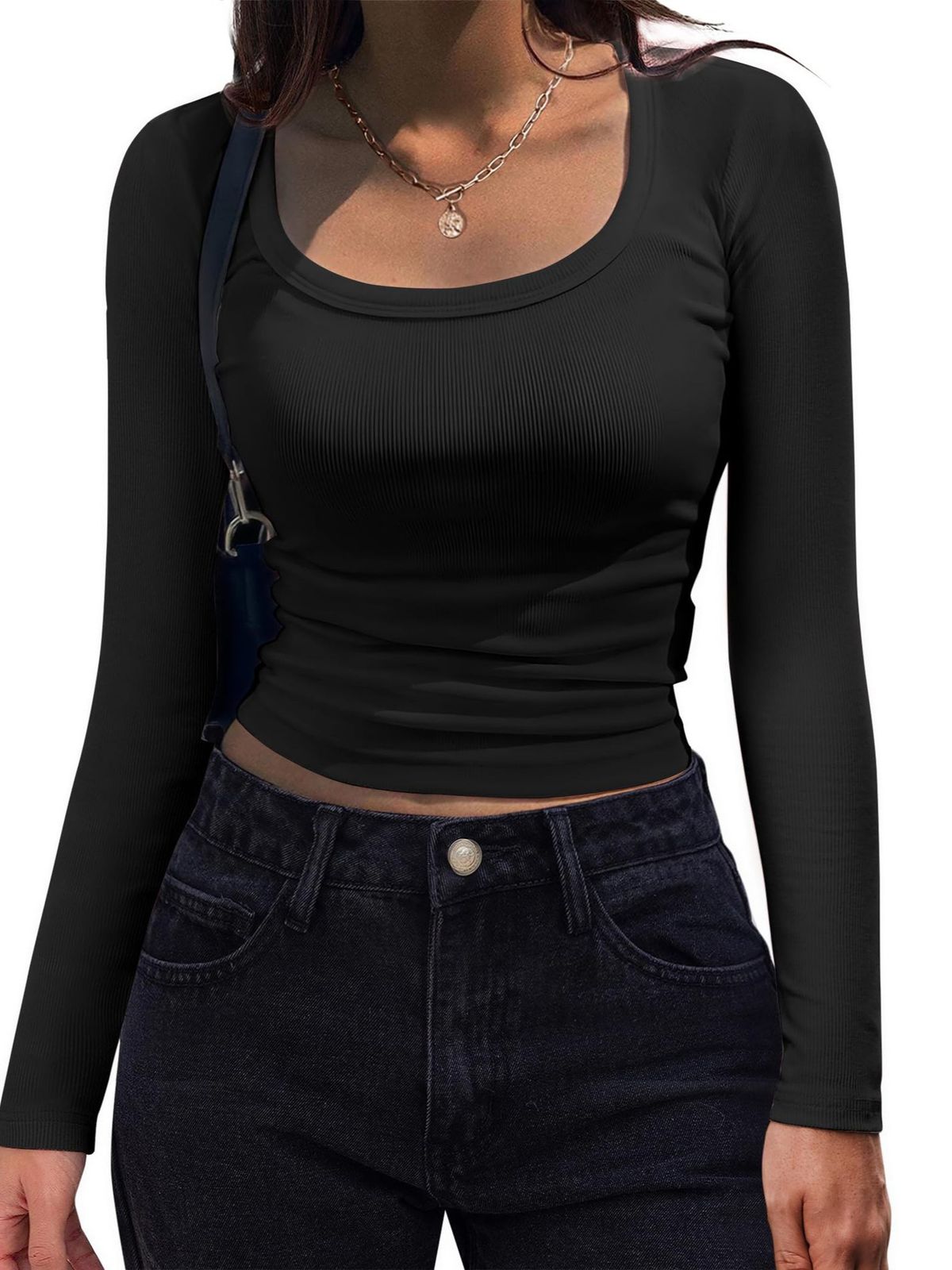 2024 New European And American Style Ribbed Slim Fit Long Sleeve Square Neck For Women Cross-Border Women's_ecoleips.com