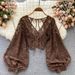 Slimming Short Crochet Lace Top Women's Backless Lace up Korean Fashion Chic Versatile New Autumn Style See through Blouse_ecoleips.com