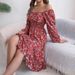 Spring/Summer Women's Elegant Floral Square Neck Long Sleeve Fitted Waist Ruffle A-Line Skirt Casual Thin Dress for Ages 16-45_ecoleips.com