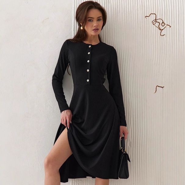 Spring Ribbed Dress for Women round Neck Button Long Sleeve European American Style Side Slit New Arrival 2025_ecoleips.com