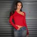 Voya Women's Sexy Red T-shirt From Europe And America, Spring And Summer Slanted Neck Short Cut, Exposed Navel Long Sleeved Top_ecoleips.com