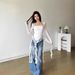 Women's Slimming Long Sleeve T-Shirt Square Neck Ruffled Mesh Fabric Spicy Ethereal Pure Sexy Design Top_ecoleips.com