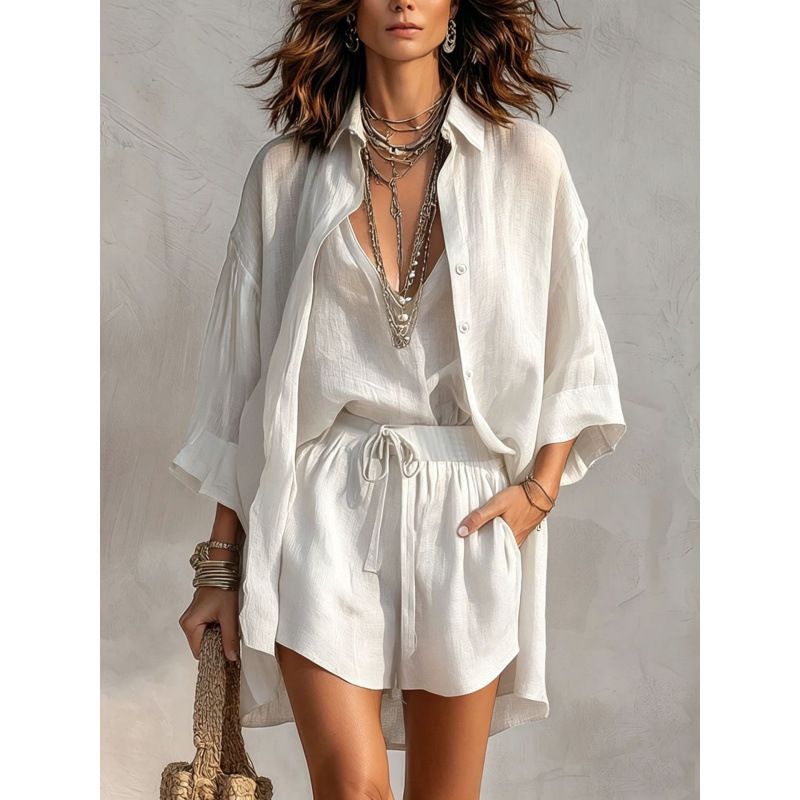 Women's Summer 3-Piece Set Lapel Button Front Cardigan Deep V Vest Shorts Casual Outfit_ecoleips.com